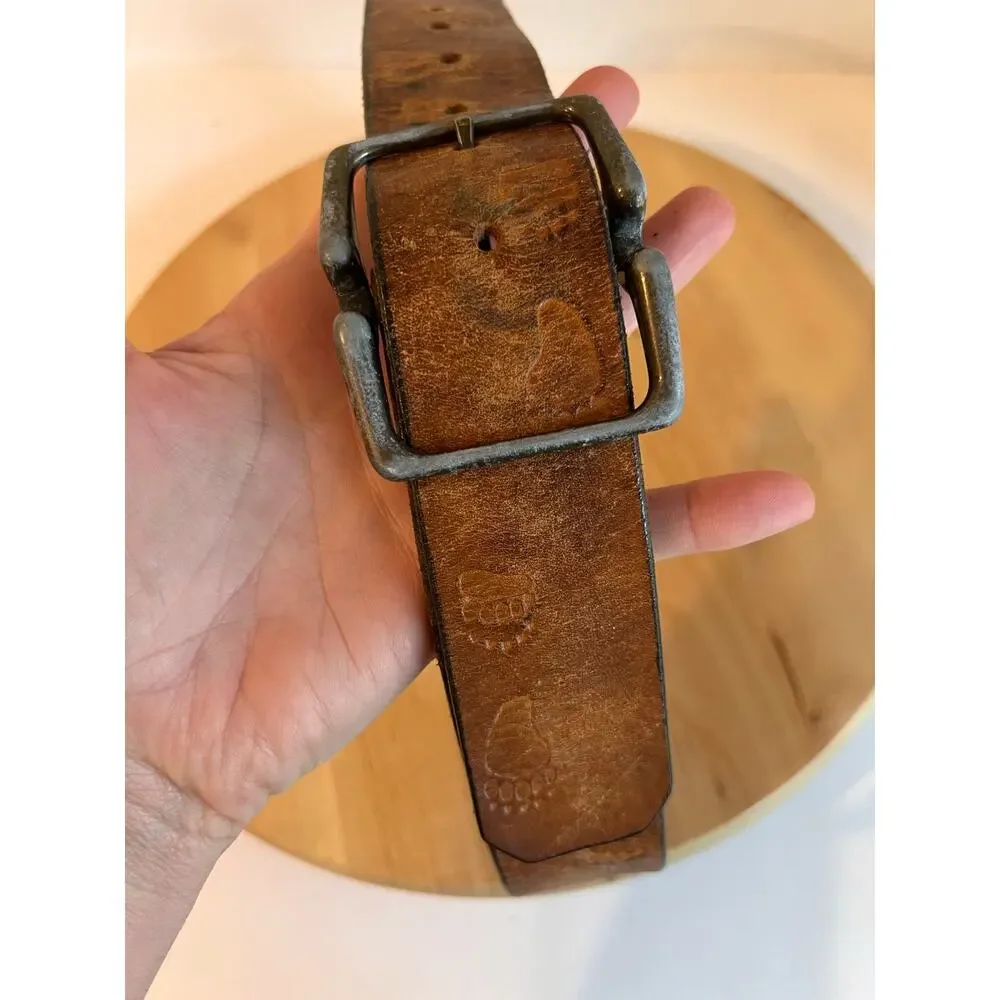 Vintage 90s Foot Print Distressed Genuine Leather Worn Buckle Belt Size Medium